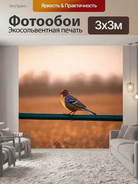 Фотообои птица, сидящая на заборе, с мягким вечерним светом и текстурами земли, выполненная в технике пейзажной…