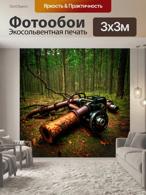 Фотообои лес в стиле дизельпанк: древесные стволы переплетены с трубопроводами и механизмами