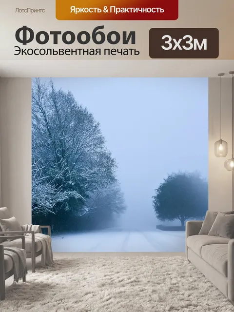 Фотообои туман в стиле романтизм, зима, покрытая свежим снегом, с туманом, создающим атмосферу спокойствия