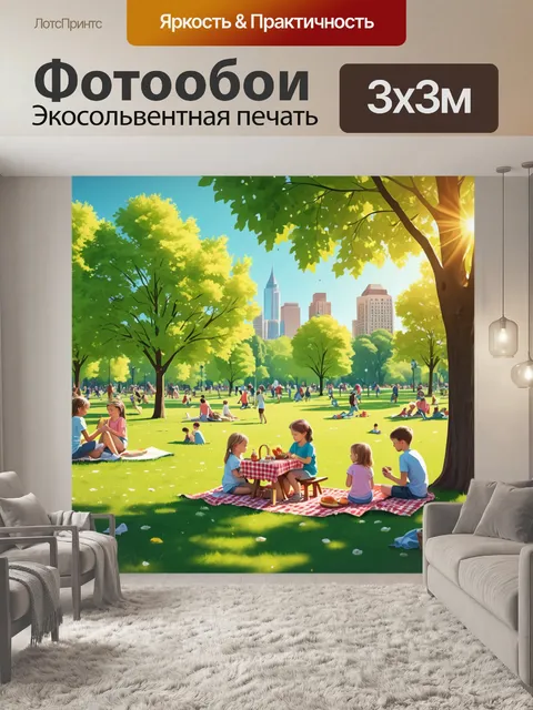 Фотообои город в стиле вектор, солнечный день в парке с пикниками и детьми