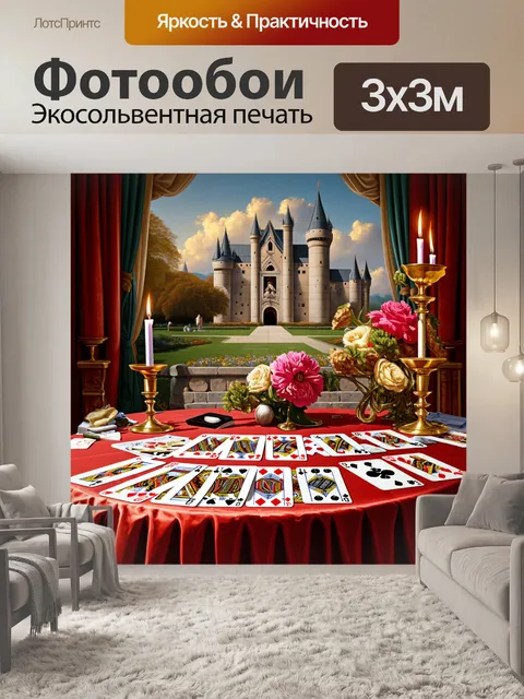 Фотообои декорированный игральными картами стол на фоне старинного замка