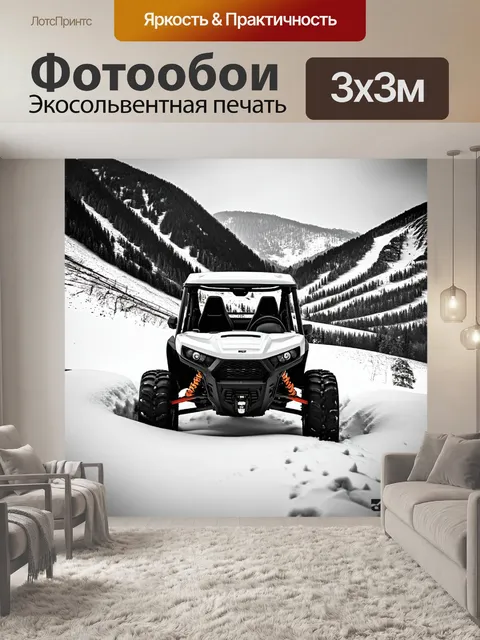 Фотообои внедорожник, занесенный снегом в горах, стиль черно-белой фотографии с контрастными текстурами и формами