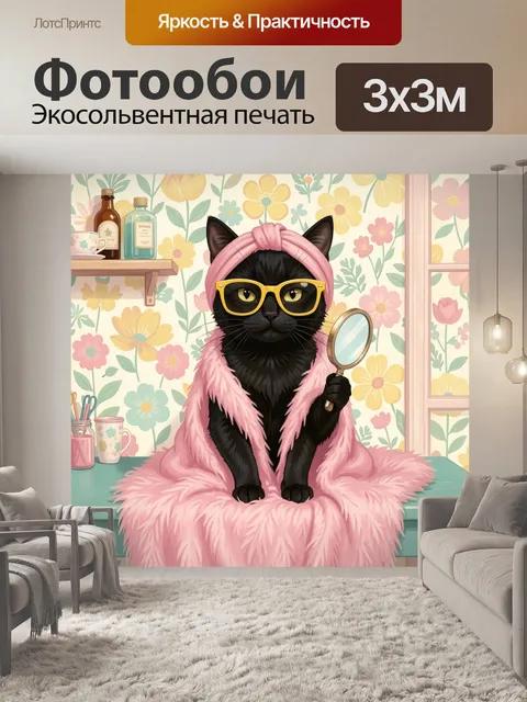 Фотообои Черный кот в розовом образе