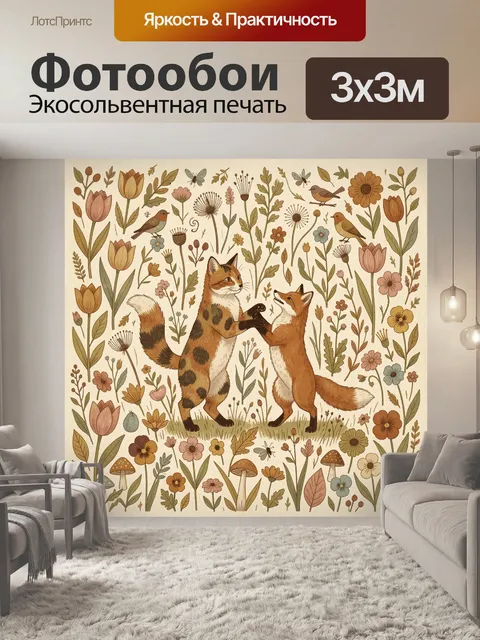 Фотообои Лиса и кот среди цветов