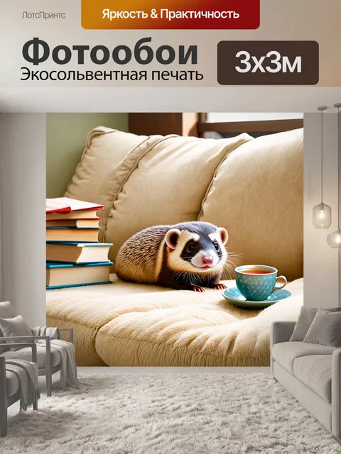 Фотообои хорек удобно устроился на большом мягком диване, рядом с ним разложены книги и кружка с чаем