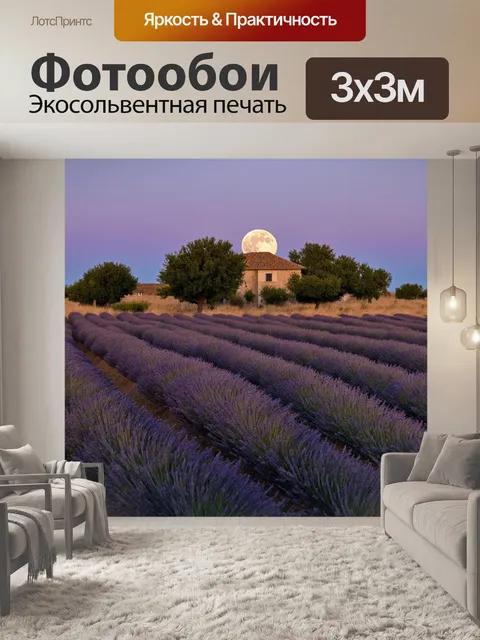 Фотообои прованс: удаленный пейзаж у оливковых деревьев с полной луной, медленно подсвечивающей пустые поля