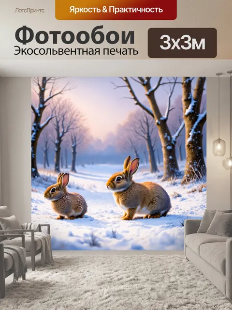 Фотообои охота в снежной стране, где пушистые кролики играют в холодном снегу, в окружении зимних пейзажей