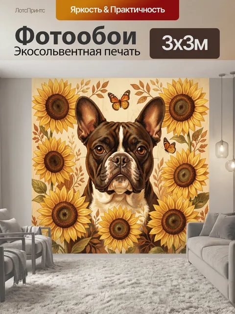 Фотообои Бульдог среди подсолнухов и бабочек