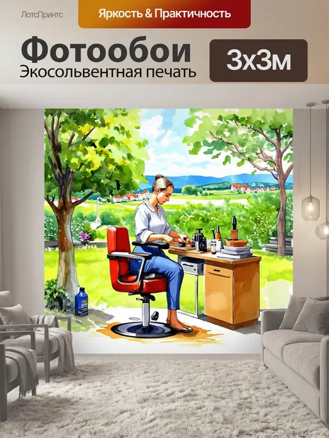 Фотообои нарисуйте парикмахера, работающего на улице, окруженного живописными пейзажами и зеленью