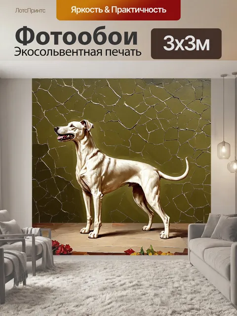 Фотообои на потрескавшемся фоне старинного холста изображена борзая, отражающая элегантность и грацию