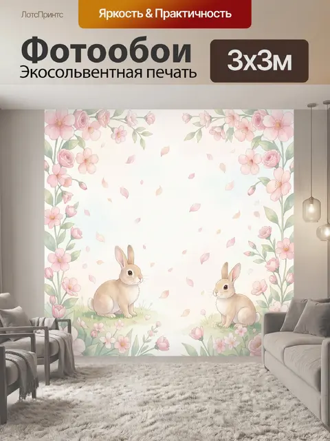 Фотообои Кролики среди весенних цветов