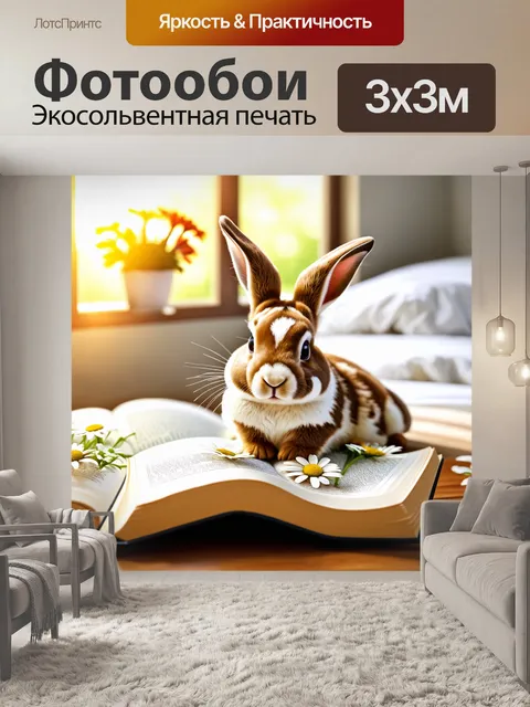 Фотообои Кролик с белыми и коричневыми пятнами лежит на раскрытой книге