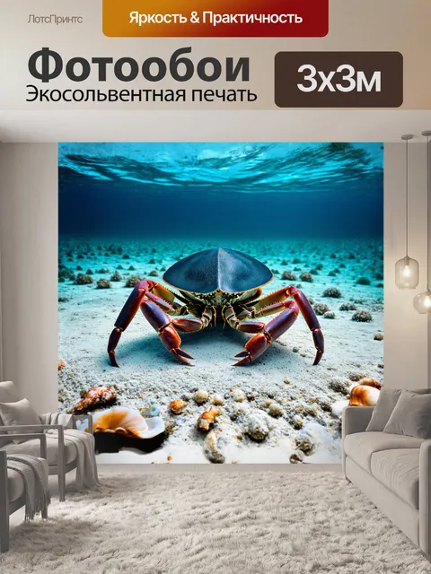 Фотообои мечехвост величественно располагается на дне океана, его хвост расставлен как корона