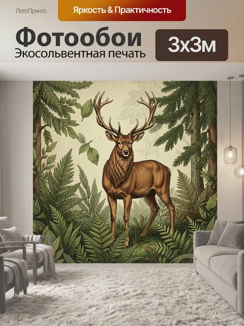Фотообои Олень среди хвои и листьев