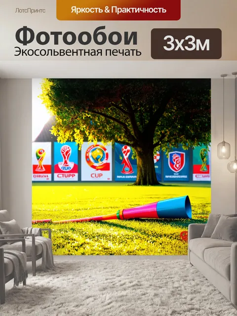 Фотообои вувузела, заставляющая трястись воздух, лежит на поле, покрытом росой, рядом с кубком мира, окруженным…