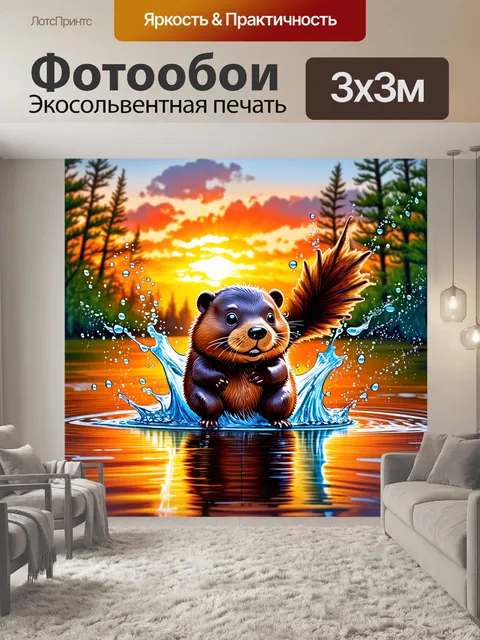 Фотообои бобер, играющий в воде с хвостом, распускающим брызги вокруг него, на фоне красивого заката