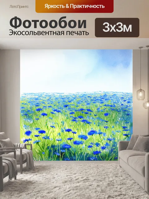 Фотообои огромное поле, усыпанное васильками, цветущими яркими синими цветами под ясным небом