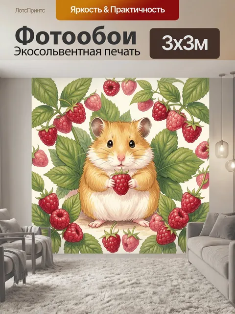 Фотообои Хомяк среди ветвей малины