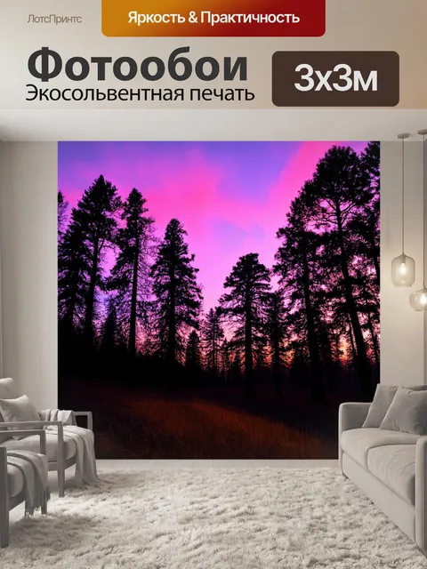 Фотообои вечерние сумерки, когда небо окрашено в розовые и фиолетовые тона, а деревья кажутся силуэтами