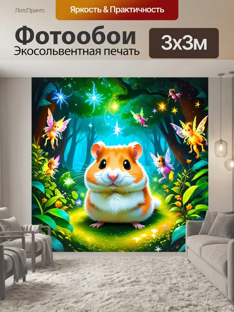 Фотообои фантазийный рисунок хомячка в волшебном лесу, окруженного светящимися растениями и феями
