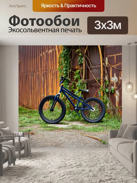Фотообои колесо bmx, заброшенное на фоне старого склада с ржавыми стенами и ветвями, обвивающими его