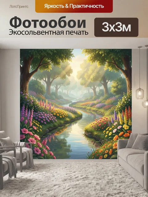 Фотообои Цветущая лесная долина с ручьем
