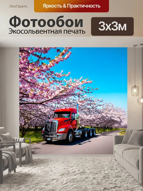 Фотообои грузовик, едущий вдоль цветущих вишневых деревьев на фоне яркого неба, создавая ощущение весеннего настроения