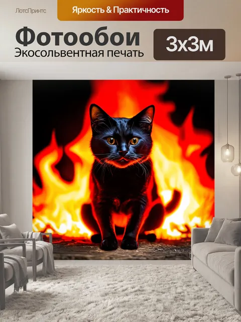 Фотообои магический черный кот перед красным огнем, создающий атмосферу загадки