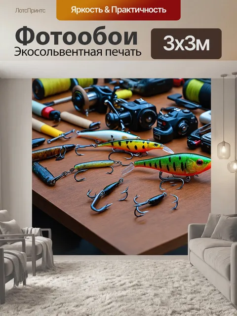 Фотообои максимально реалистичный стиль: изобразите складывающиеся рыболовные принадлежности на столе
