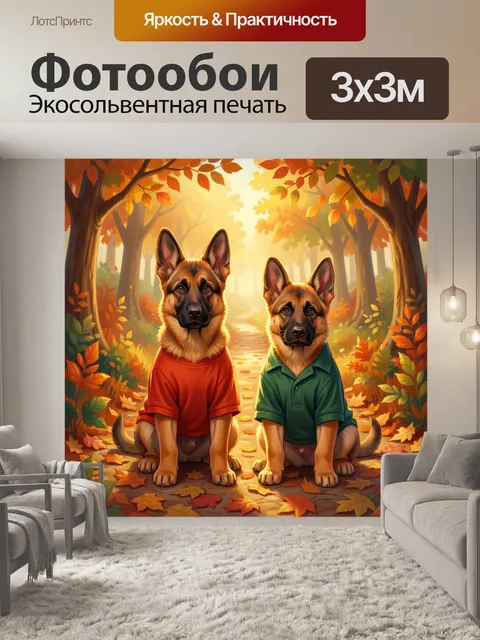 Фотообои Два щенка в осеннем лесу