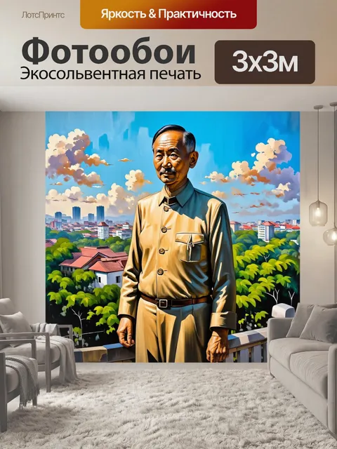 Фотообои изображение хо ши мина на фоне старинного города ханоя, выполненное в технике масляной живописи