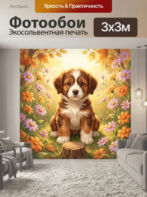 Фотообои Щенок среди осенних цветов