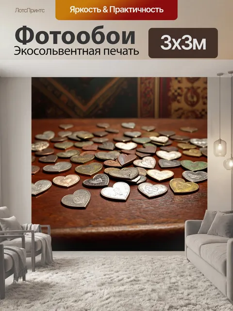 Фотообои сердечки, состоящие из старинных монет, случайно разбросанных по столу, на фоне античного интерьера…