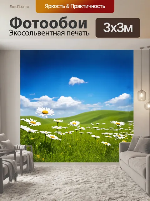 Фотообои ромашки, распустившиеся на уютном лугу, мечтательно танцуют на лёгком ветру, их белоснежные лепестки…