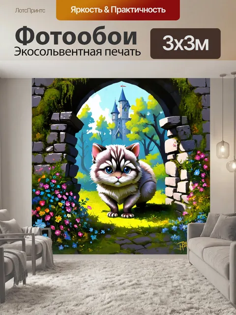 Фотообои манул, исследующий заброшенный замок, где грани камней покрыты ярким мхом и цветами