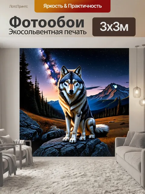 Фотообои Изображение величественного волка, сидящего на скале и глядящего на звездное небо с Млечным путем