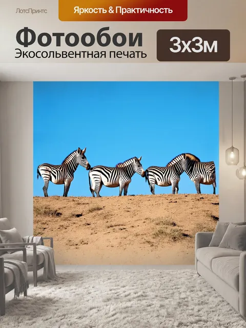 Фотообои зебры, непарнокопытные, стоящие на холме под чистым голубым небом, снятые в минималистском стиле с…