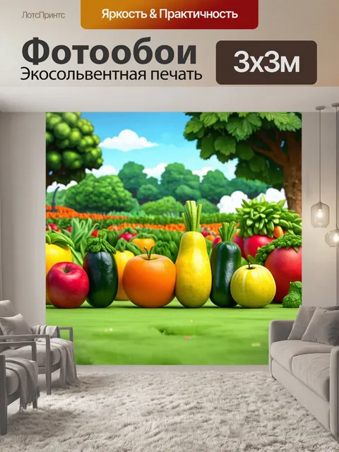 Фотообои природа в стиле мультяшный, показывающие фрукты и овощи, которые дружат и общаются на огороде,