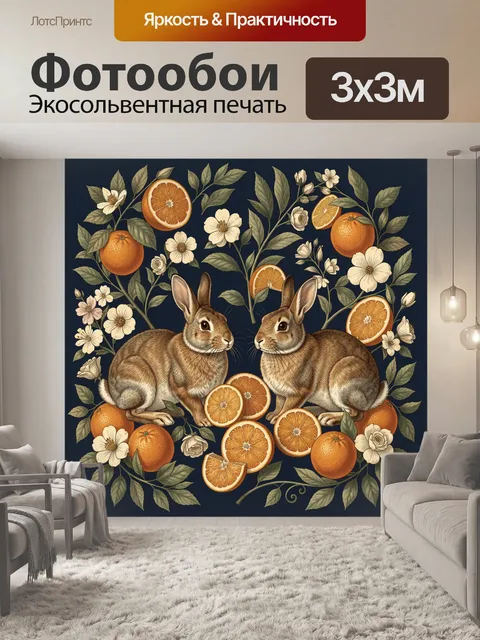 Фотообои Два зайца среди цитрусов и цветов