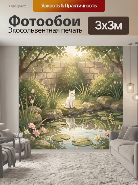 Фотообои Белый кот у садового пруда