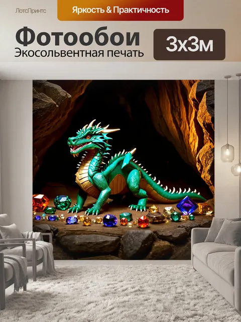 Фотообои дракон, охраняющий сокровища в таинственной пещере, где блеск драгоценных камней подчеркивает его чешую