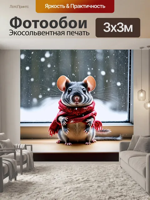 Фотообои мышка укутанная в маленький шарф, сидит у окна и смотрит на падающий снег
