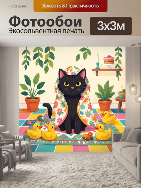 Фотообои Черный кот под цветочным пледом