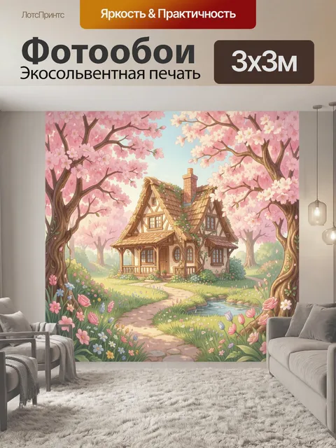 Фотообои Сказочный домик среди цветущих деревьев