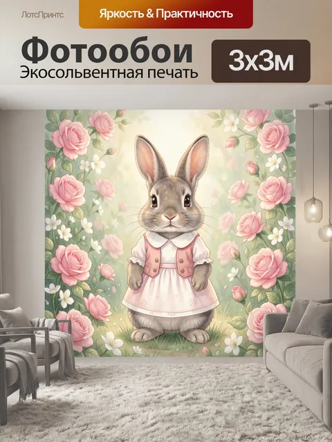 Фотообои Зайчик в цветочном саду