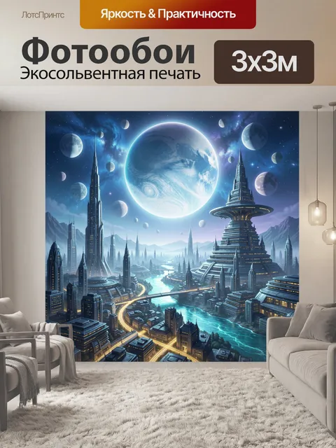 Фотообои Космический мегаполис с планетами