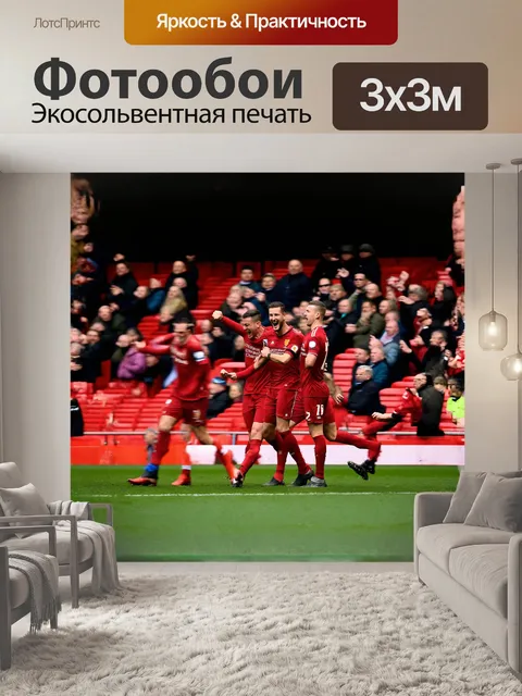 Фотообои на изображении представлен стадион энфилд в разгар матча, захваченный в момент оглушительного забитого гола