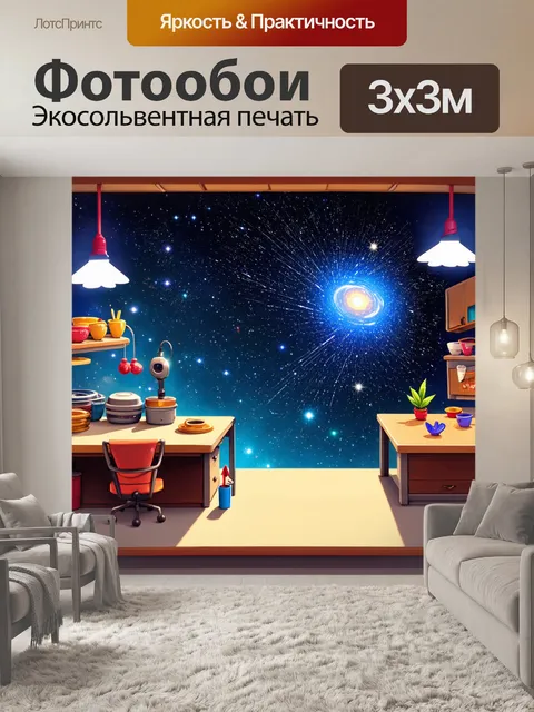 Фотообои космос в стиле мультяшный, изображающие процесс создания звезд в виде забавной мастерской