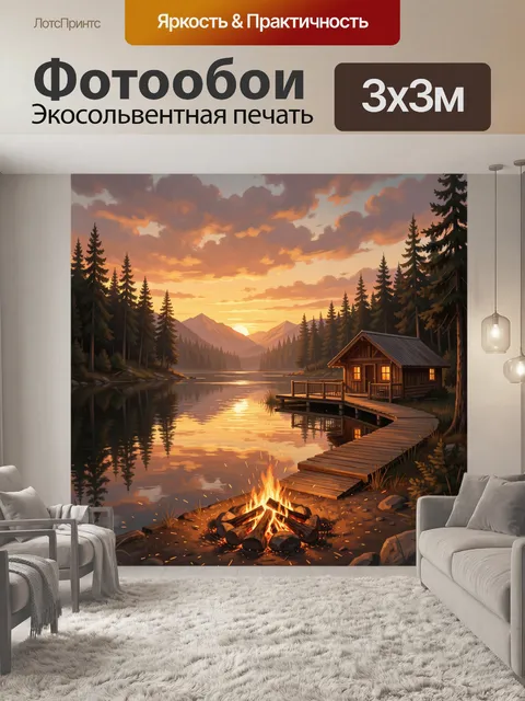 Фотообои Озеро и домик у костра закат