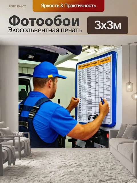 Фотообои грузовик в автосервисе, график обслуживания на стене, механик составляет список необходимых запасных частей